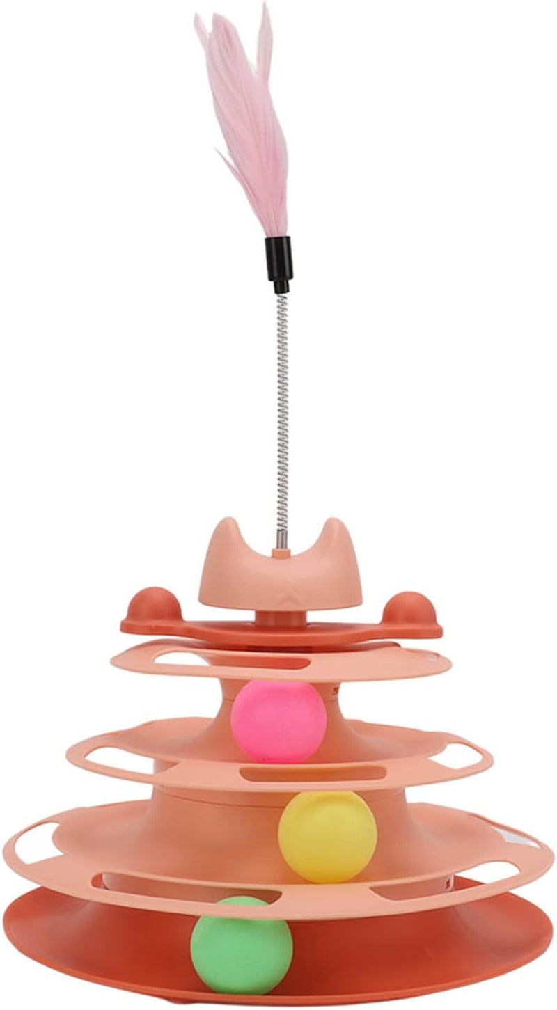 Cat Ball Track, Cat Toys for Indoor Cats 4 Level Interactive Kitten Track Roller Exercise Toy Turntable Cat Toy Balls with Feather Stick Cat Ball Tower for Stimulating Kitty