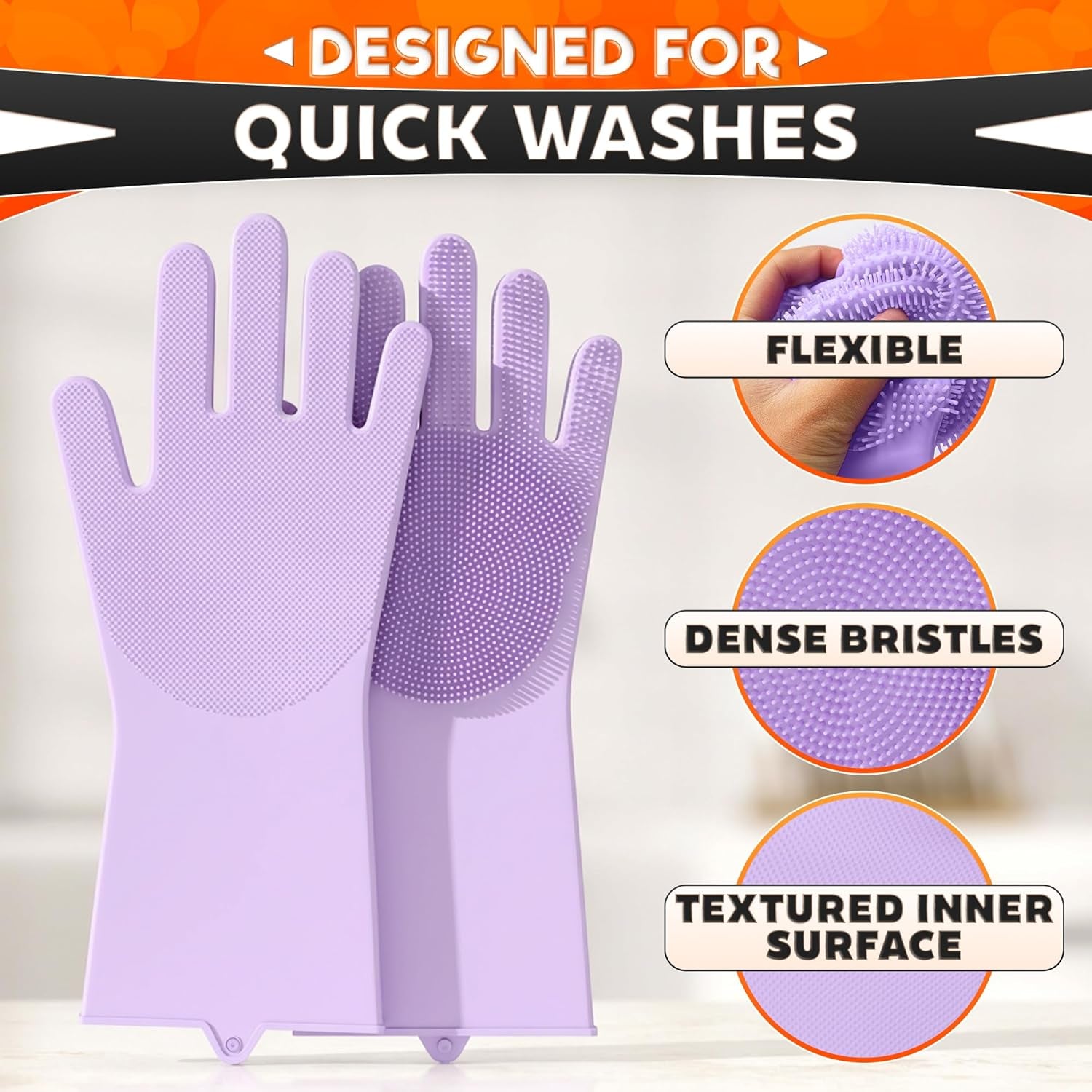 Silicone Dishwashing Gloves with Scrubber – Non-Slip Silicone Gloves Wor Washing Dishes | Household Use