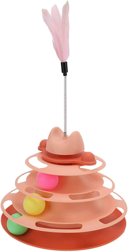 Cat Ball Track, Cat Toys for Indoor Cats 4 Level Interactive Kitten Track Roller Exercise Toy Turntable Cat Toy Balls with Feather Stick Cat Ball Tower for Stimulating Kitty