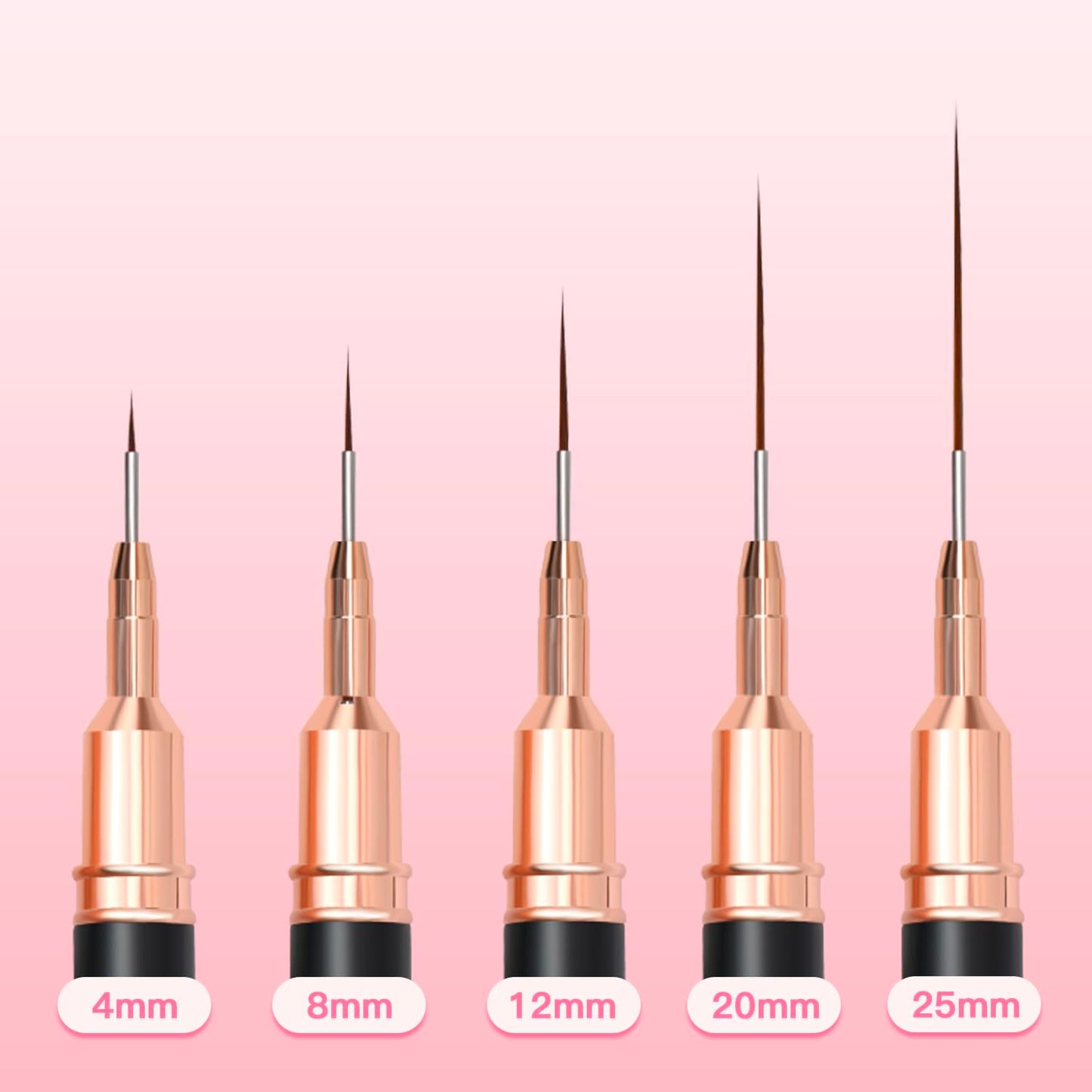 Metallic Nail Art Brushes, 5Pcs Liner Brush Set, UV Gel Polish Painting Art Design Pen for Long Lines, Thin Details, Fine Drawing Sizes 4/8/12/20/25Mm(Black)