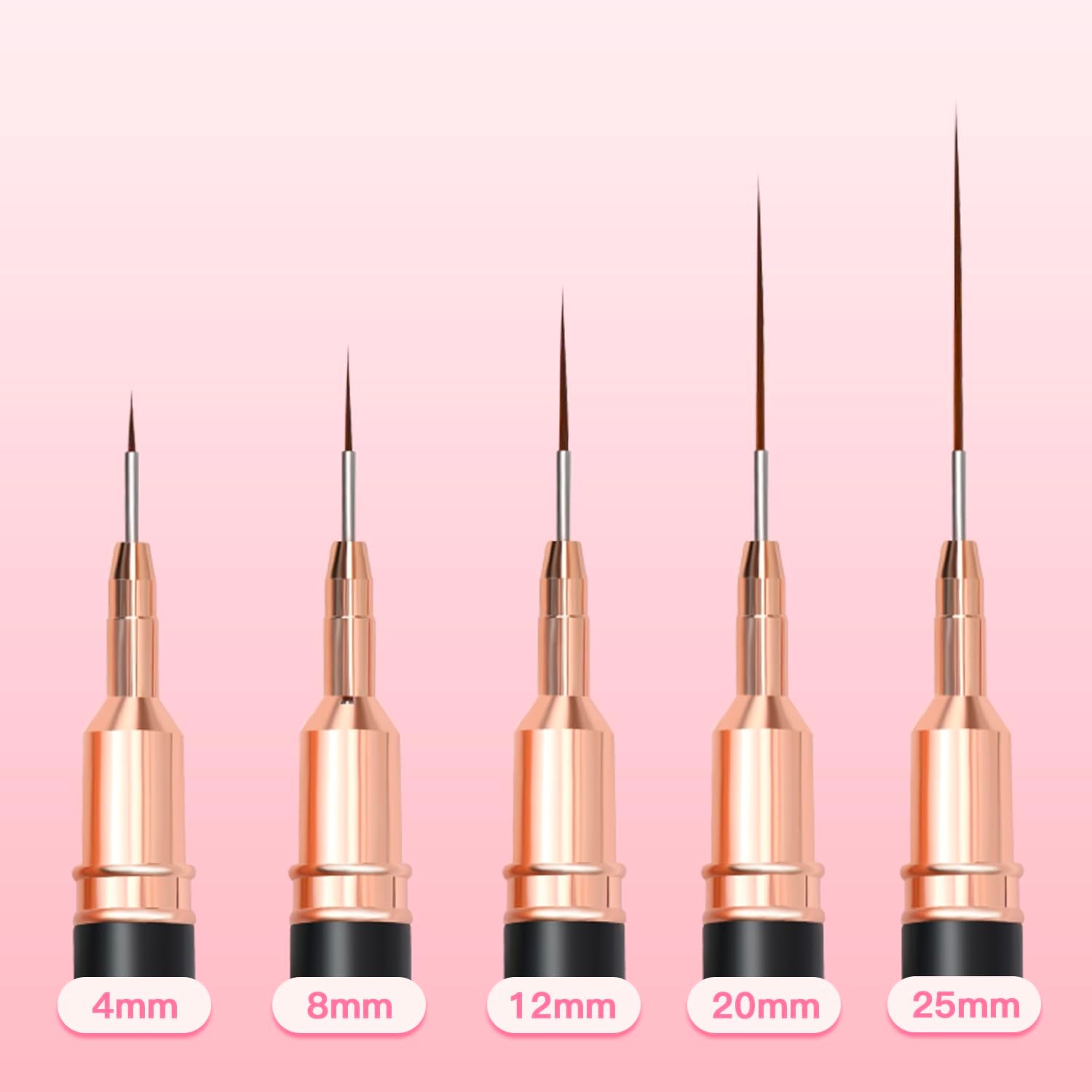 Metallic Nail Art Brushes, 5Pcs Liner Brush Set, UV Gel Polish Painting Art Design Pen for Long Lines, Thin Details, Fine Drawing Sizes 4/8/12/20/25Mm(Black)