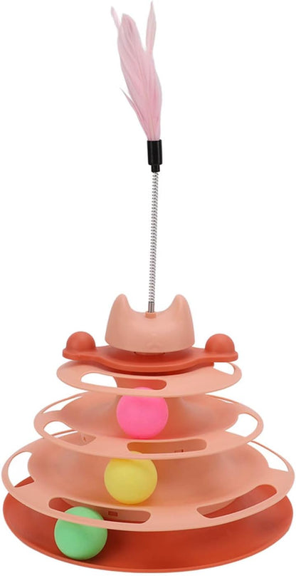Cat Ball Track, Cat Toys for Indoor Cats 4 Level Interactive Kitten Track Roller Exercise Toy Turntable Cat Toy Balls with Feather Stick Cat Ball Tower for Stimulating Kitty
