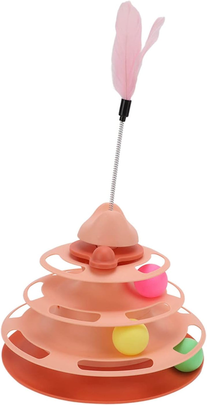 Cat Ball Track, Cat Toys for Indoor Cats 4 Level Interactive Kitten Track Roller Exercise Toy Turntable Cat Toy Balls with Feather Stick Cat Ball Tower for Stimulating Kitty