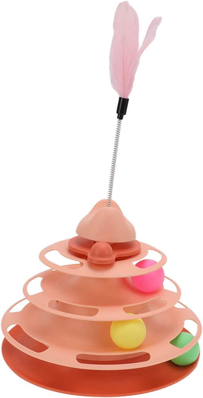 Cat Ball Track, Cat Toys for Indoor Cats 4 Level Interactive Kitten Track Roller Exercise Toy Turntable Cat Toy Balls with Feather Stick Cat Ball Tower for Stimulating Kitty
