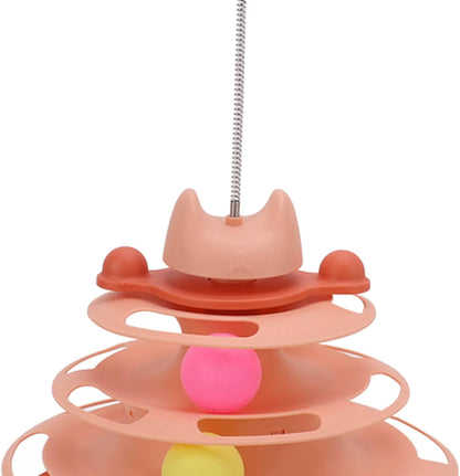 Cat Ball Track, Cat Toys for Indoor Cats 4 Level Interactive Kitten Track Roller Exercise Toy Turntable Cat Toy Balls with Feather Stick Cat Ball Tower for Stimulating Kitty